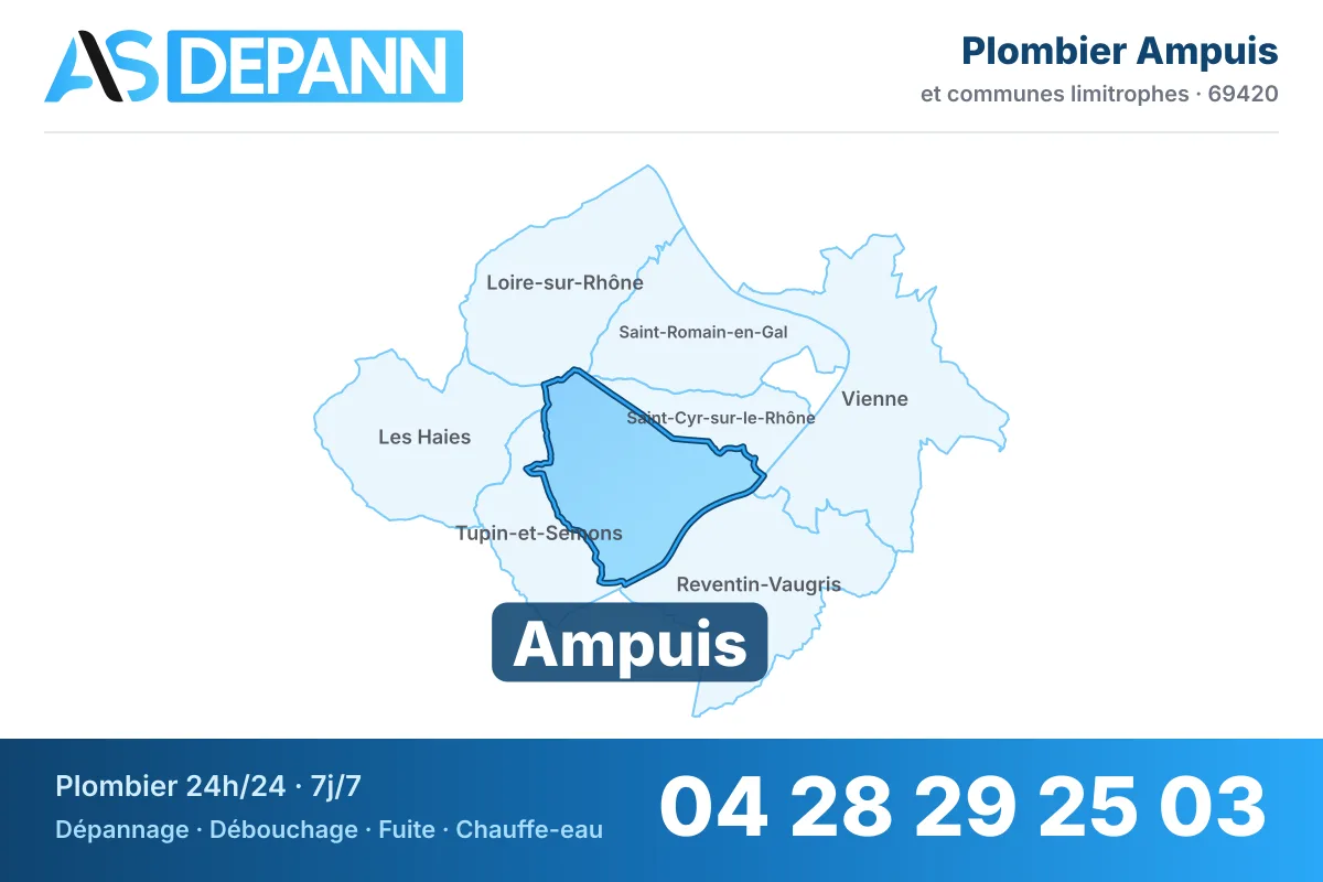Plombier à Ampuis : carte de la commune (69420) et de ses voisines dans le secteur d'intervention de AS Depann