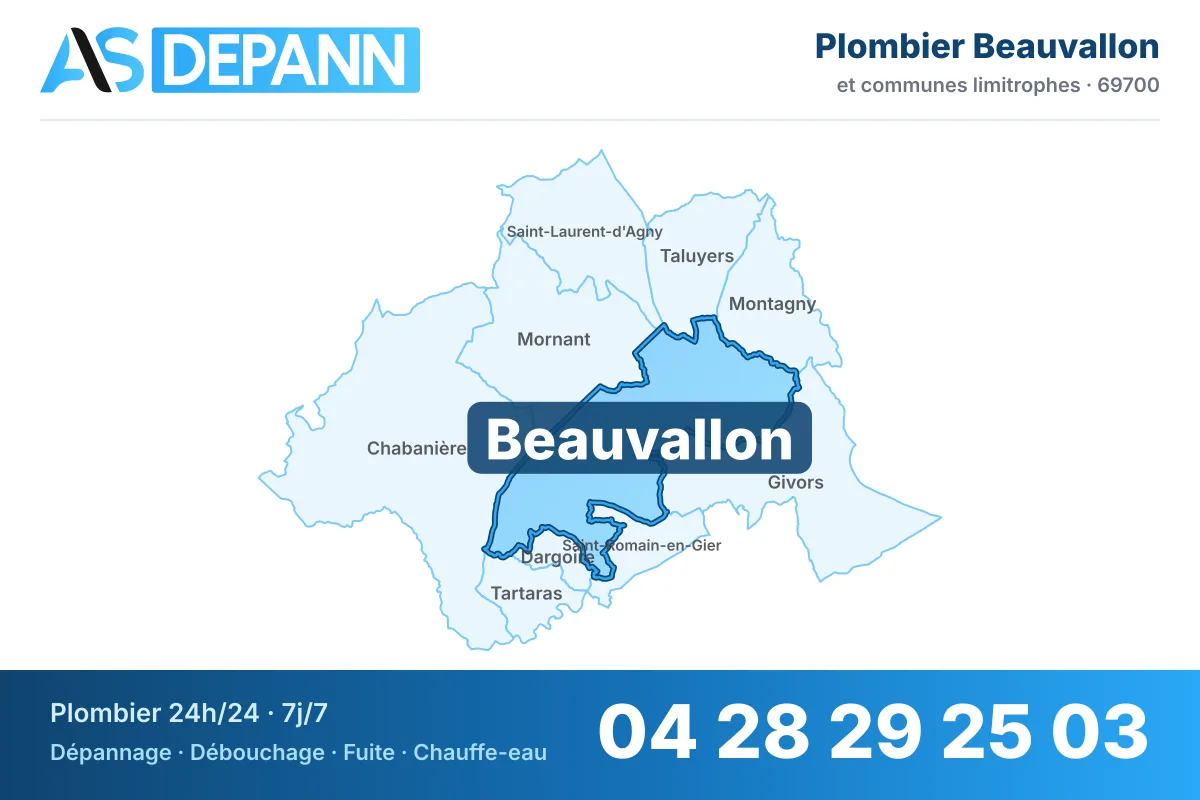 Plombier à Beauvallon : carte de la commune (69700) et de ses voisines dans le secteur d'intervention de AS Depann