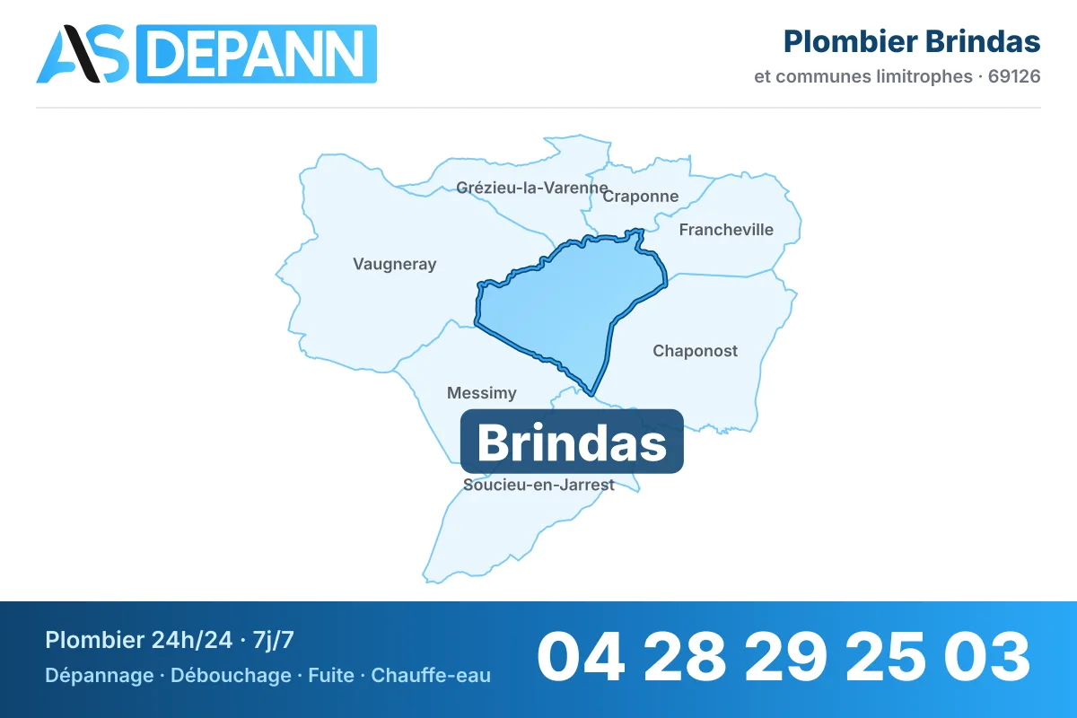 Plombier à Brindas : carte de la commune (69126) et de ses voisines dans le secteur d'intervention de AS Depann