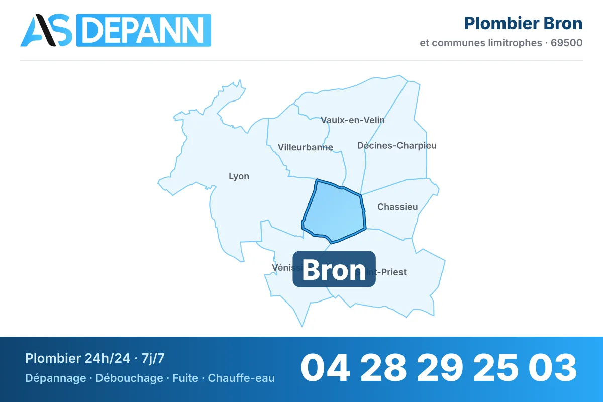 Plombier à Bron : carte de la commune (69500) et de ses voisines dans le secteur d'intervention de AS Depann