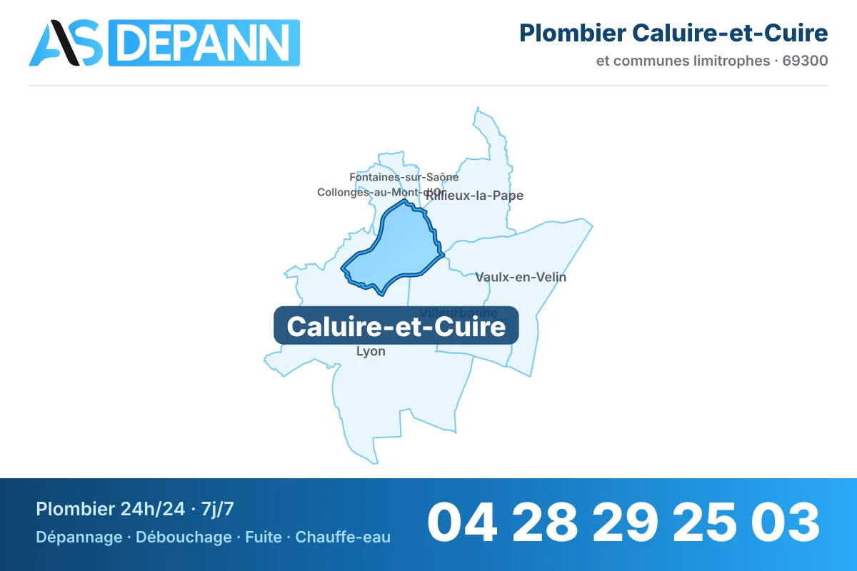 Plombier à Caluire-et-Cuire : carte de la commune (69300) et de ses voisines dans le secteur d'intervention de AS Depann