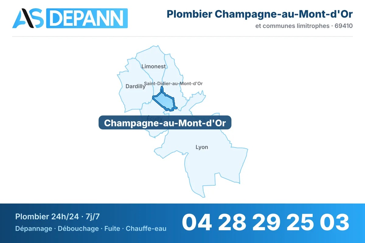 Plombier à Champagne-au-Mont-d'Or : carte de la commune (69410) et de ses voisines dans le secteur d'intervention de AS Depann