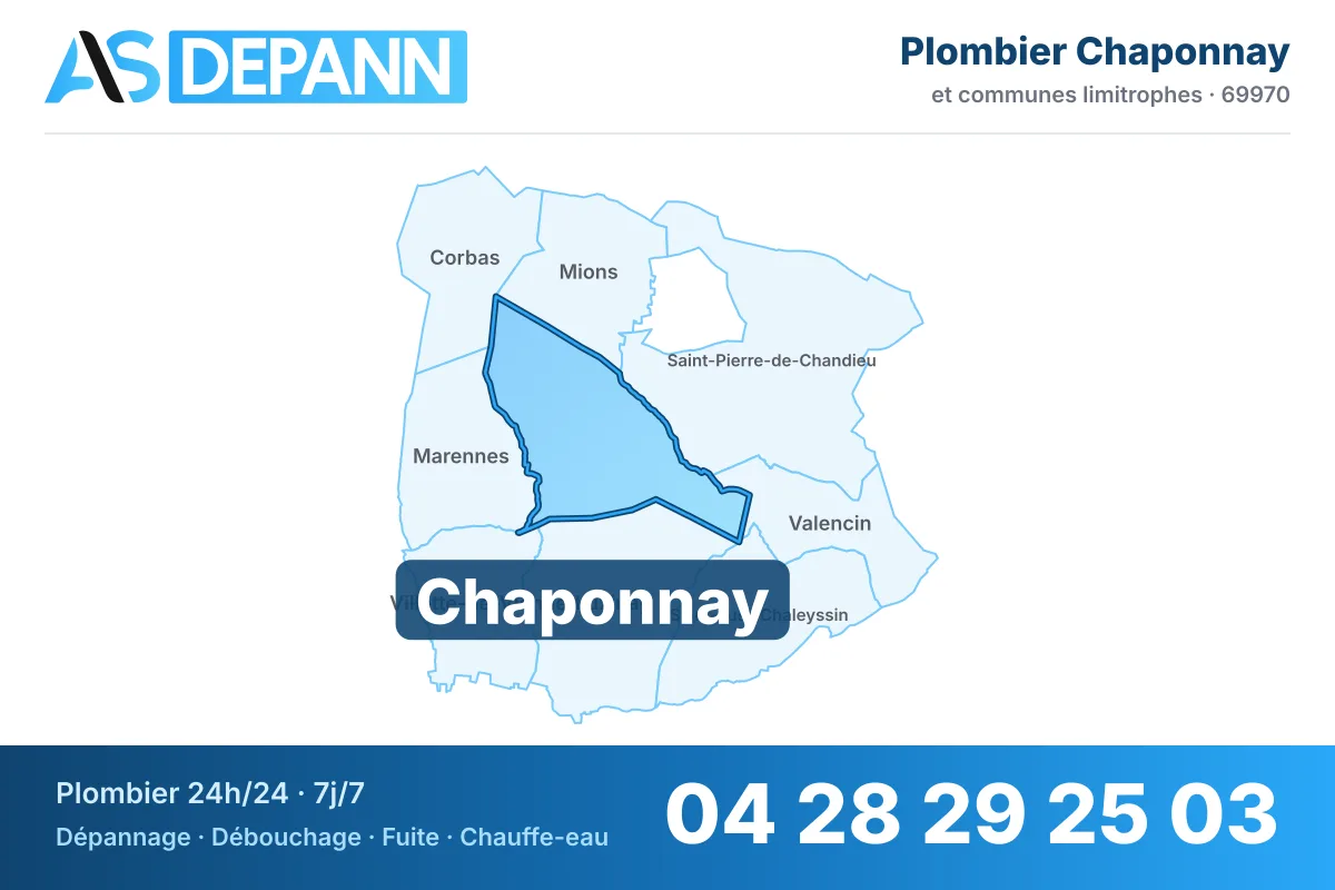 Plombier à Chaponnay : carte de la commune (69970) et de ses voisines dans le secteur d'intervention de AS Depann
