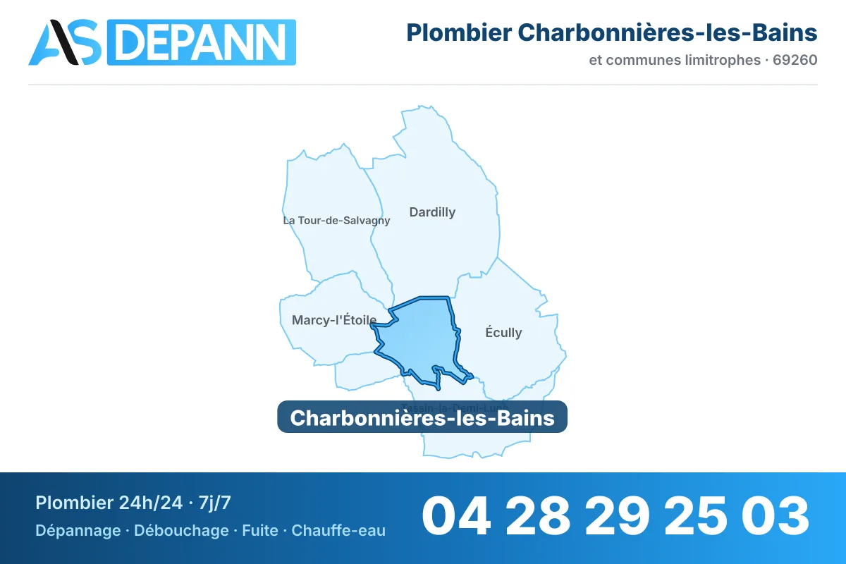 Plombier à Charbonnières-les-Bains : carte de la commune (69260) et de ses voisines dans le secteur d'intervention de AS Depann