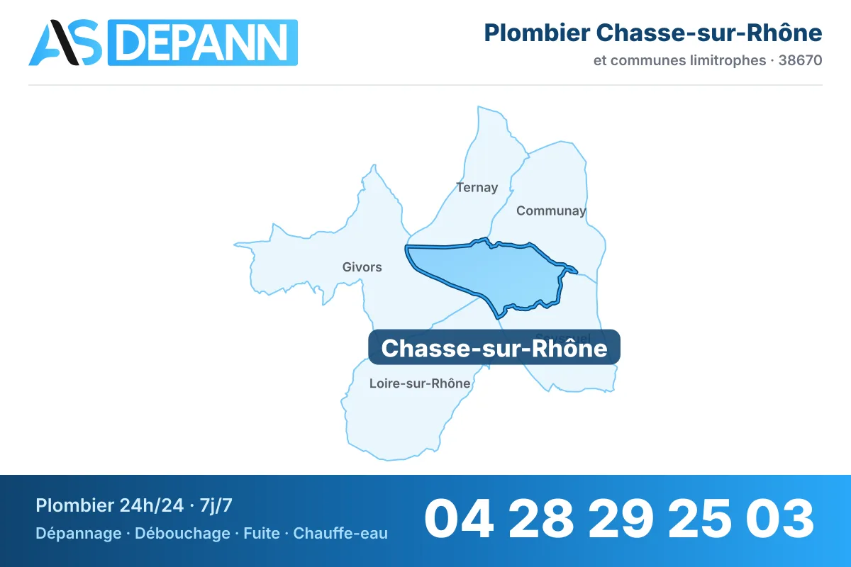Plombier à Chasse-sur-Rhône : carte de la commune (38670) et de ses voisines dans le secteur d'intervention de AS Depann