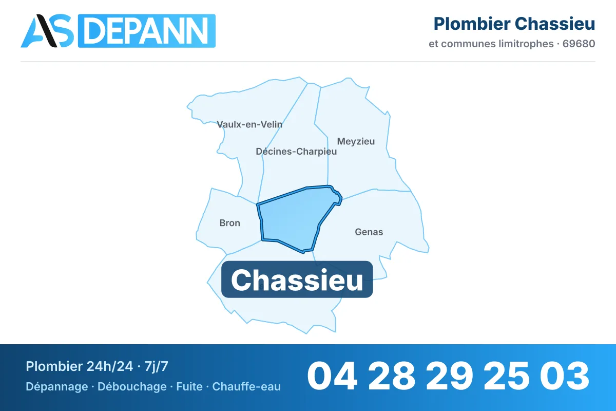 Plombier à Chassieu : carte de la commune (69680) et de ses voisines dans le secteur d'intervention de AS Depann