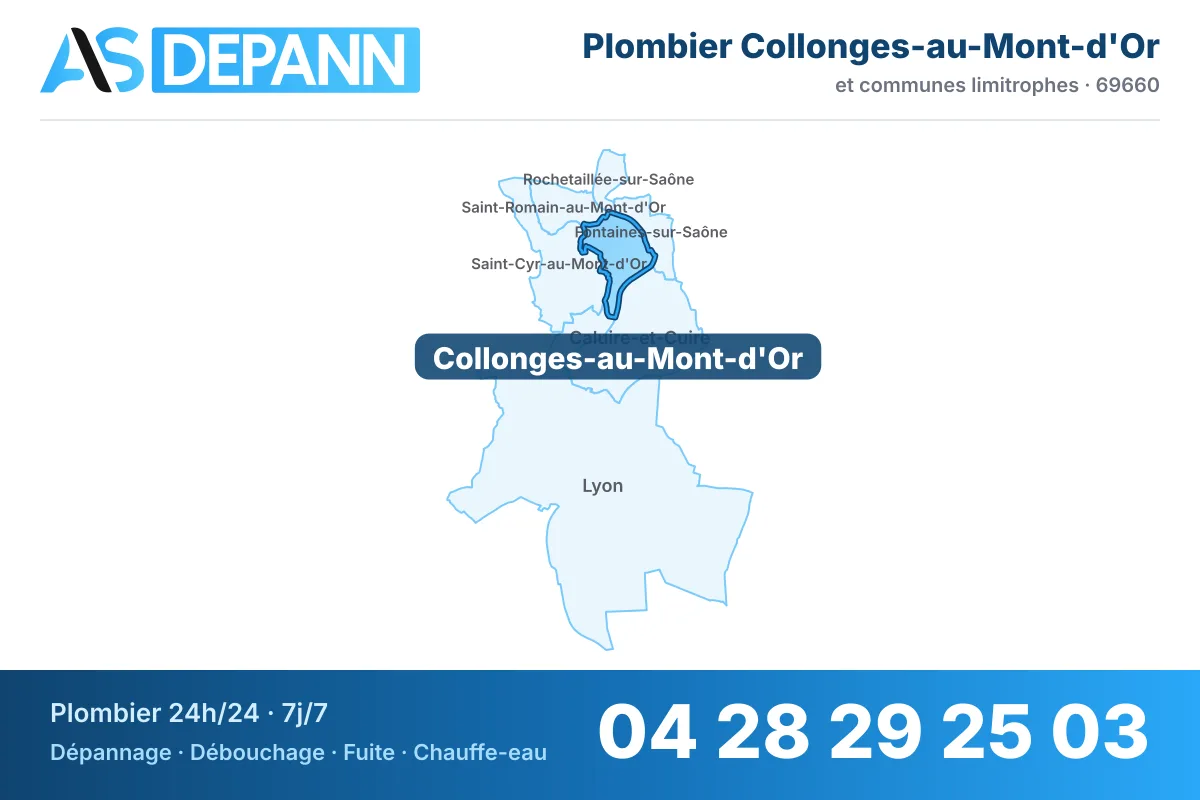 Plombier à Collonges-au-Mont-d'Or : carte de la commune (69660) et de ses voisines dans le secteur d'intervention de AS Depann