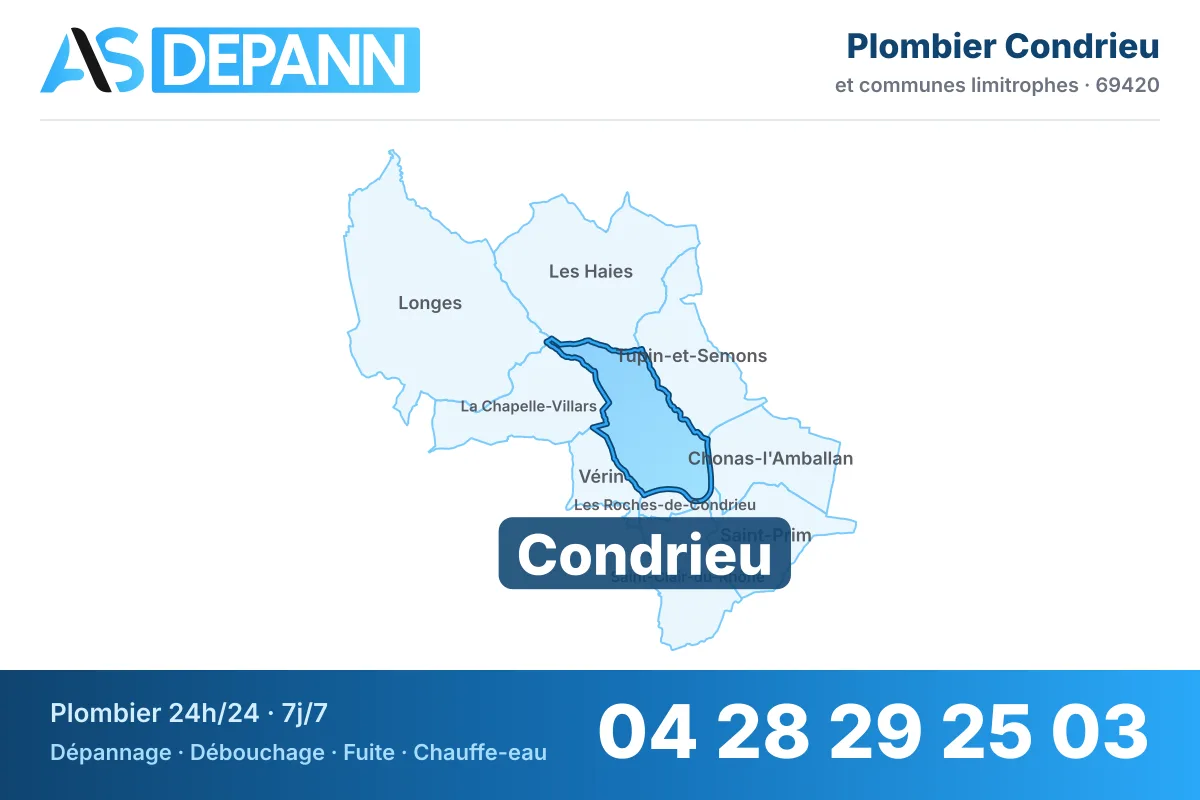 Plombier à Condrieu : carte de la commune (69420) et de ses voisines dans le secteur d'intervention de AS Depann