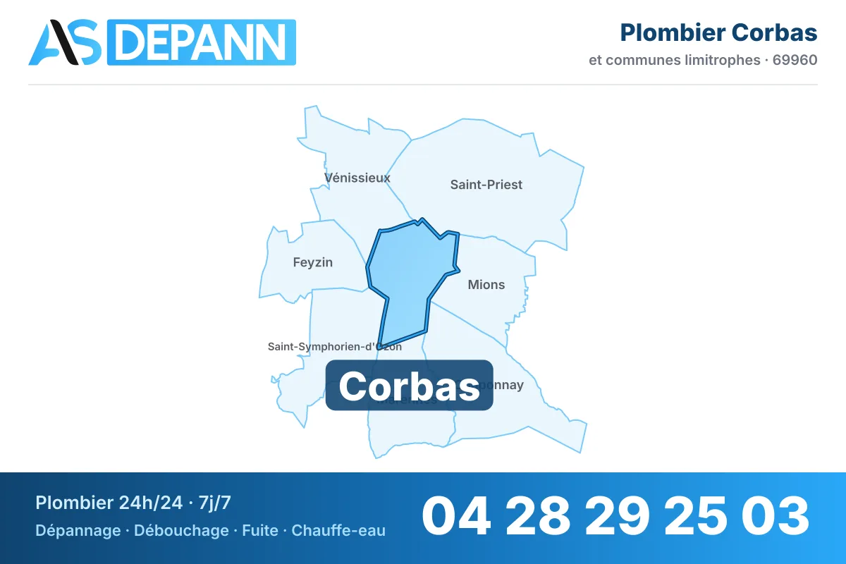 Plombier à Corbas : carte de la commune (69960) et de ses voisines dans le secteur d'intervention de AS Depann