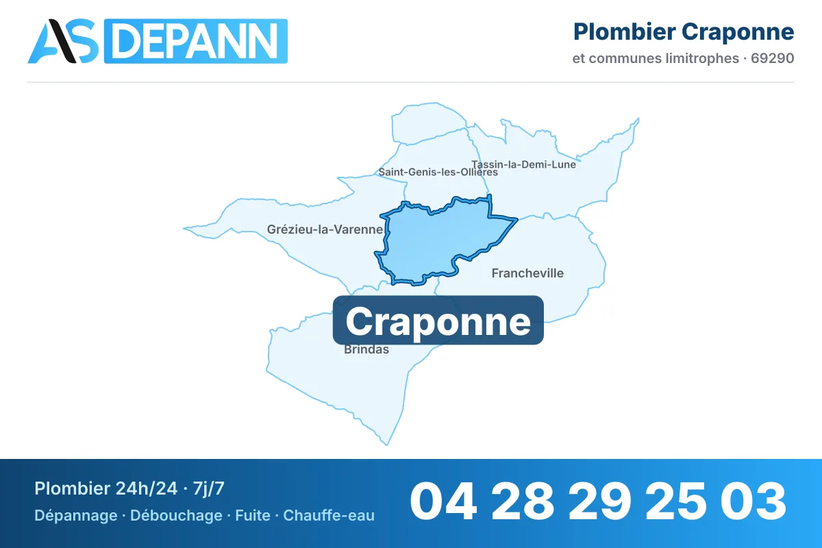 Plombier à Craponne : carte de la commune (69290) et de ses voisines dans le secteur d'intervention de AS Depann