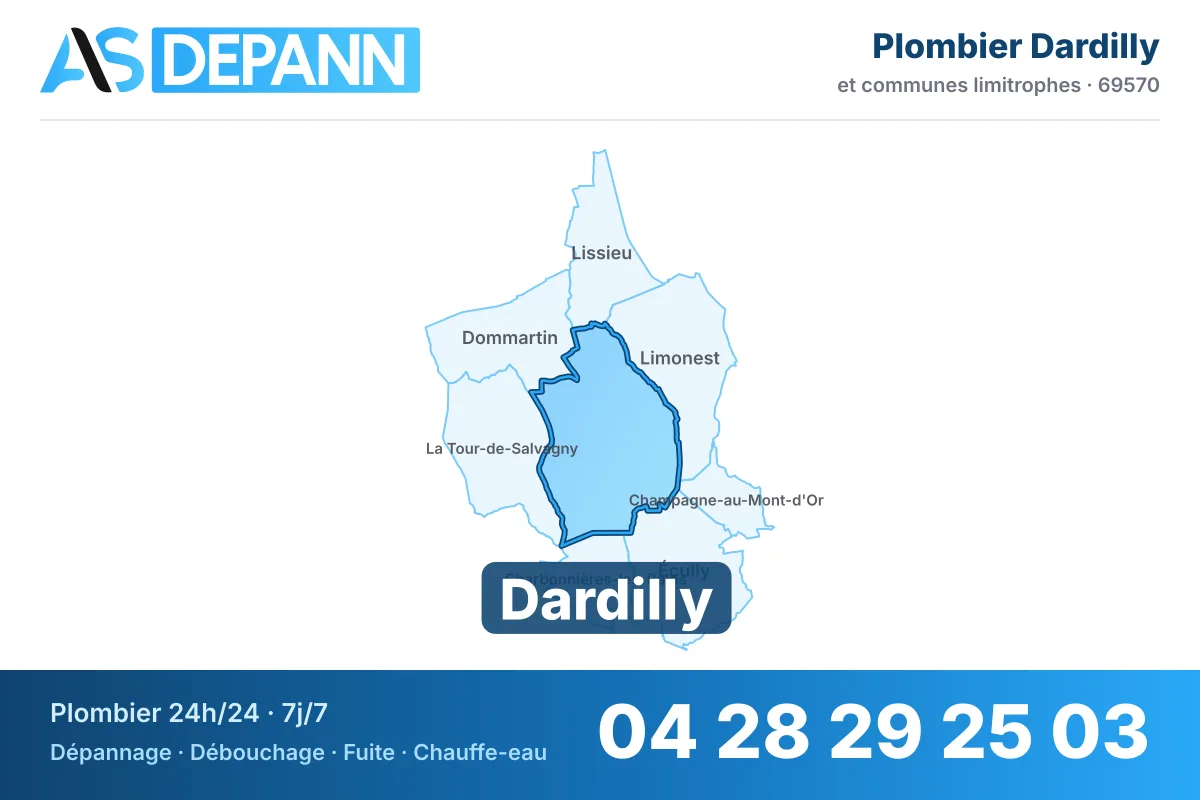 Plombier à Dardilly : carte de la commune (69570) et de ses voisines dans le secteur d'intervention de AS Depann