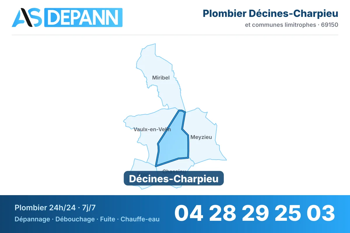 Plombier à Décines-Charpieu : carte de la commune (69150) et de ses voisines dans le secteur d'intervention de AS Depann