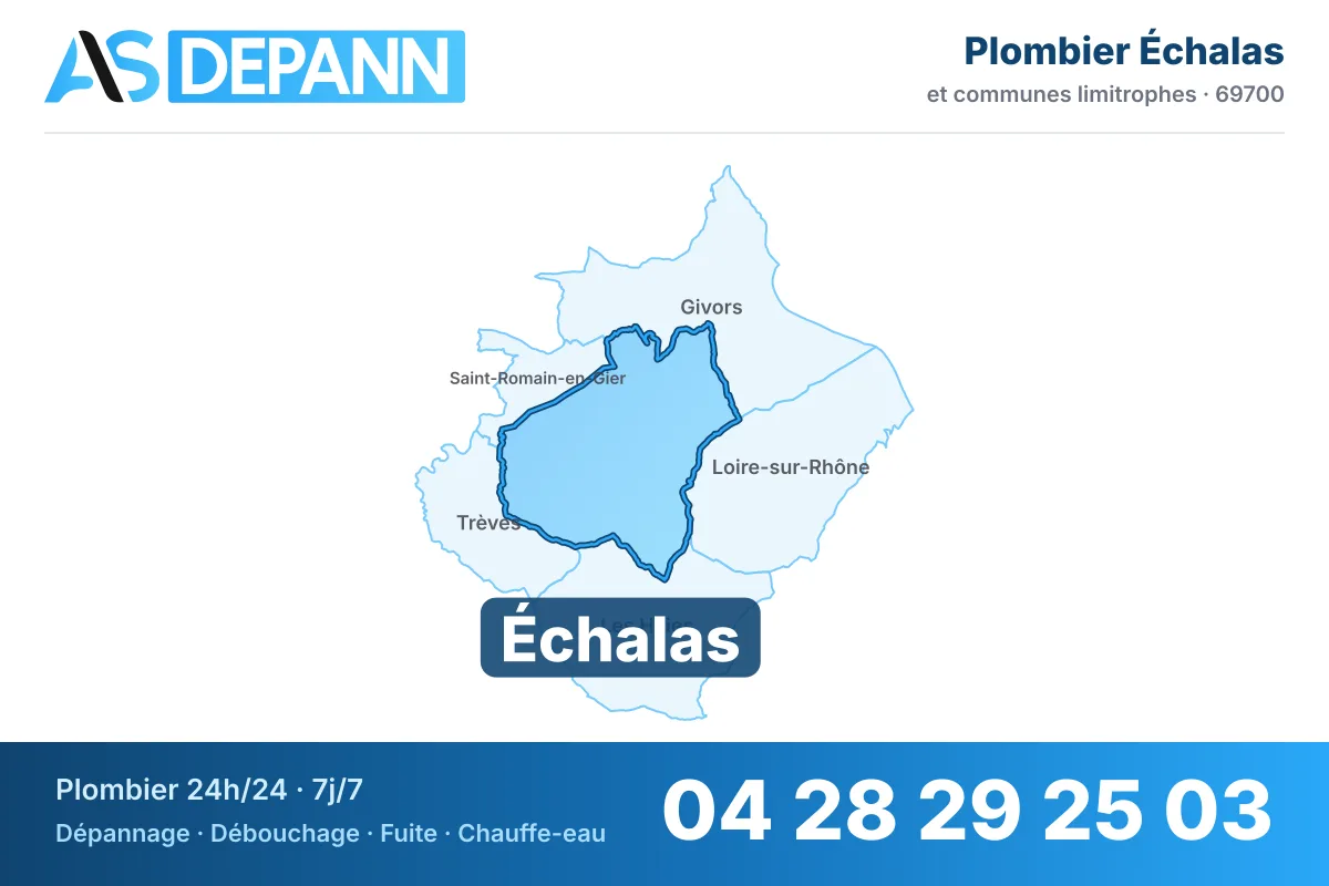 Plombier à Échalas : carte de la commune (69700) et de ses voisines dans le secteur d'intervention de AS Depann