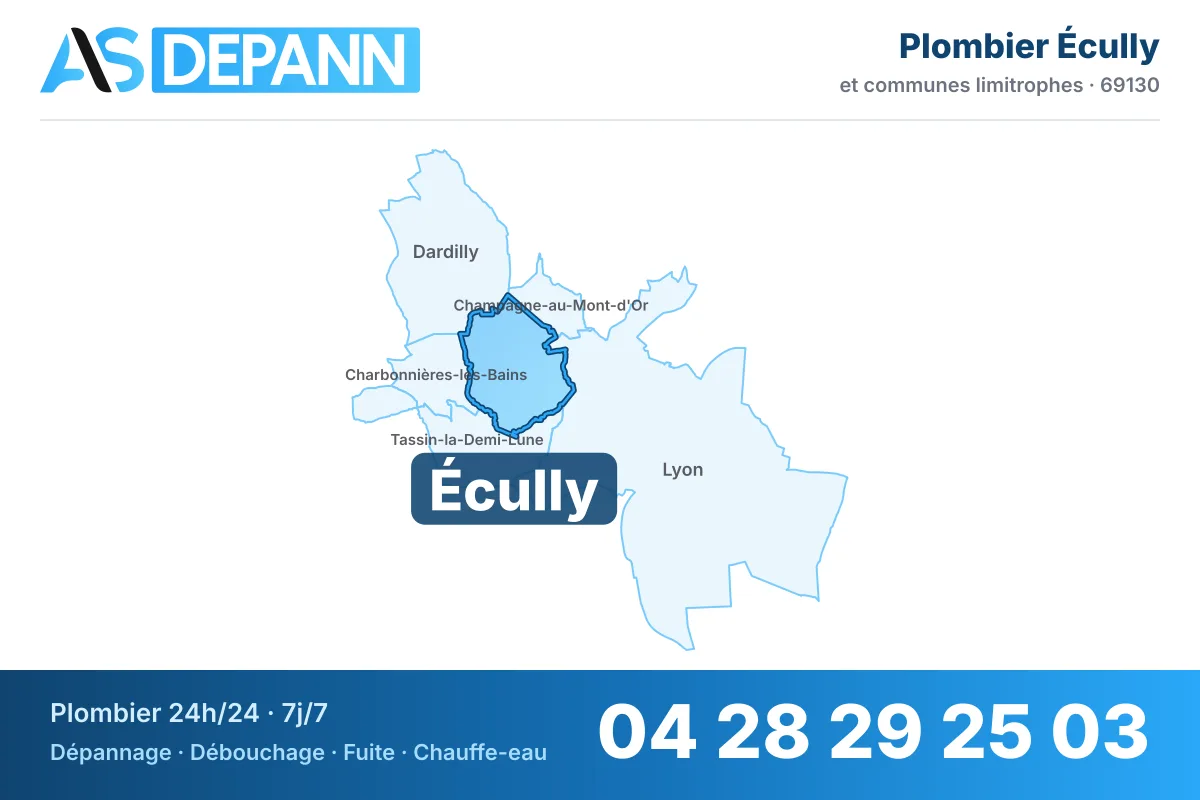 Plombier à Écully : carte de la commune (69130) et de ses voisines dans le secteur d'intervention de AS Depann