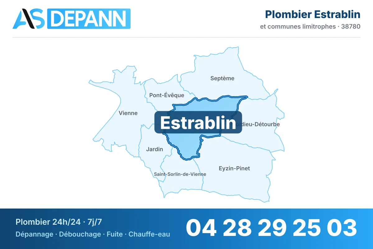 Plombier à Estrablin : carte de la commune (38780) et de ses voisines dans le secteur d'intervention de AS Depann