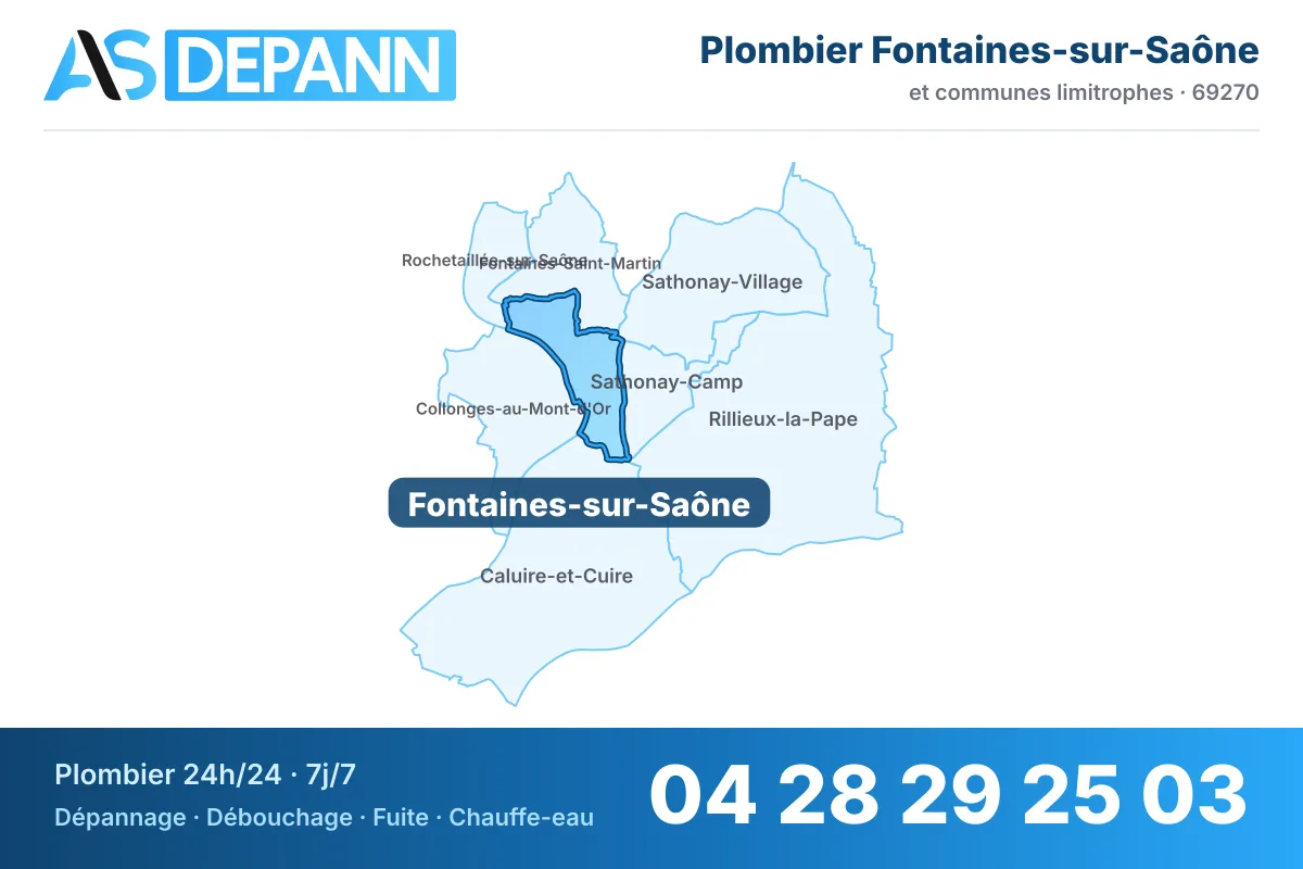 Plombier à Fontaines-sur-Saône : carte de la commune (69270) et de ses voisines dans le secteur d'intervention de AS Depann