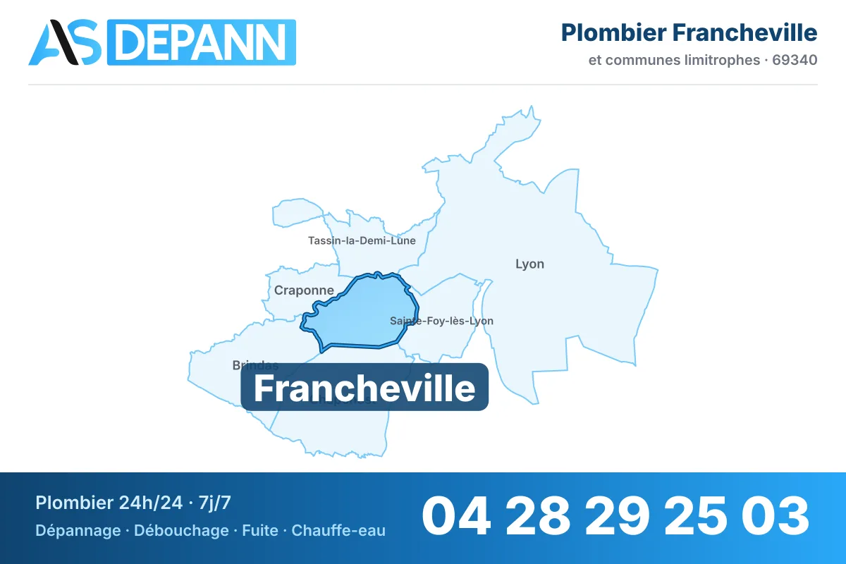 Plombier à Francheville : carte de la commune (69340) et de ses voisines dans le secteur d'intervention de AS Depann