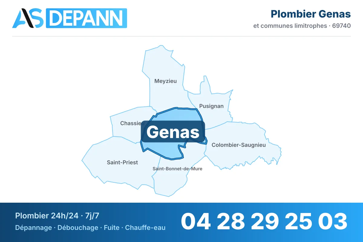 Plombier à Genas : carte de la commune (69740) et de ses voisines dans le secteur d'intervention de AS Depann