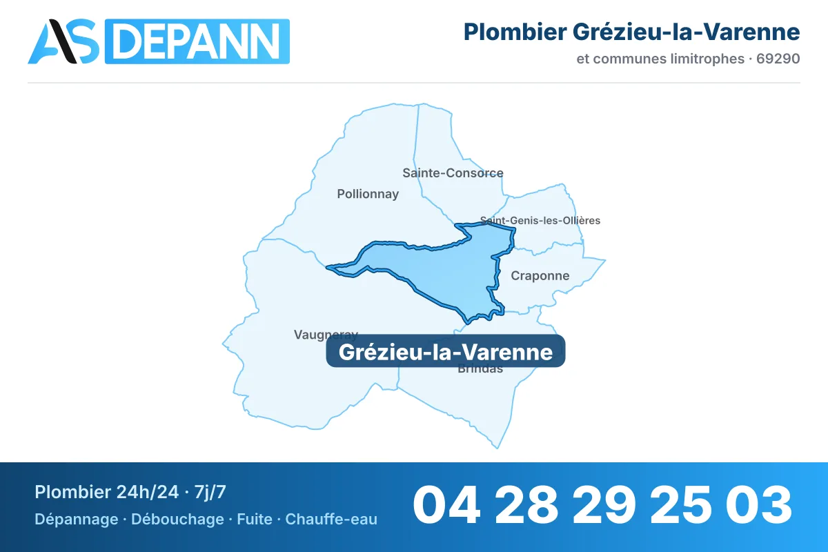 Plombier à Grézieu-la-Varenne : carte de la commune (69290) et de ses voisines dans le secteur d'intervention de AS Depann