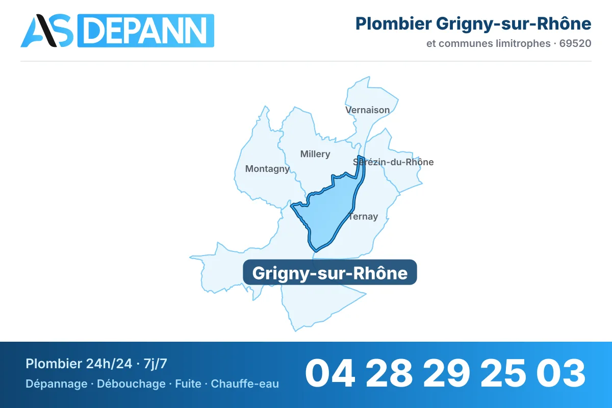 Plombier à Grigny : carte de la commune (69520) et de ses voisines dans le secteur d'intervention de AS Depann