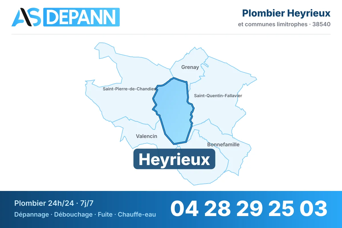 Plombier à Heyrieux : carte de la commune (38540) et de ses voisines dans le secteur d'intervention de AS Depann