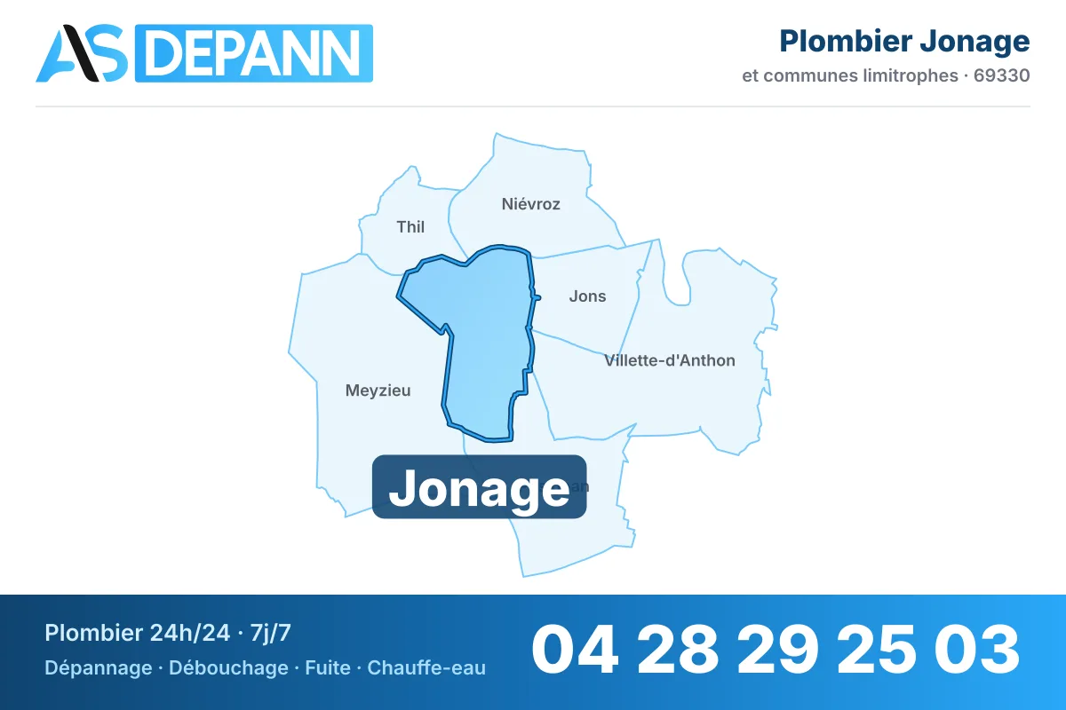 Plombier à Jonage : carte de la commune (69330) et de ses voisines dans le secteur d'intervention de AS Depann