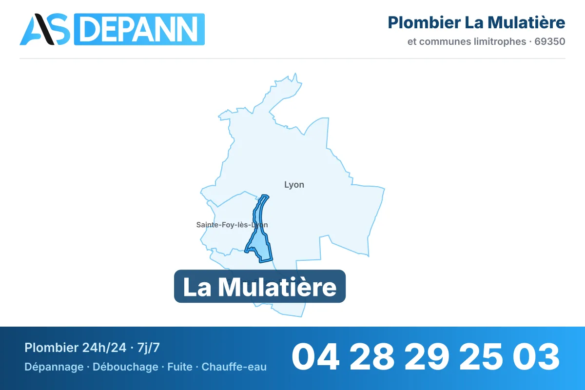 Plombier à La Mulatière : carte de la commune (69350) et de ses voisines dans le secteur d'intervention de AS Depann