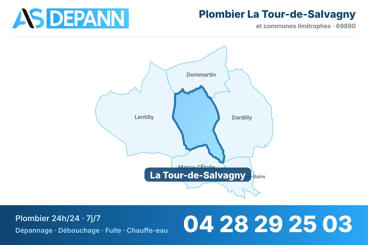 Plombier à La Tour-de-Salvagny : carte de la commune (69890) et de ses voisines dans le secteur d'intervention de AS Depann