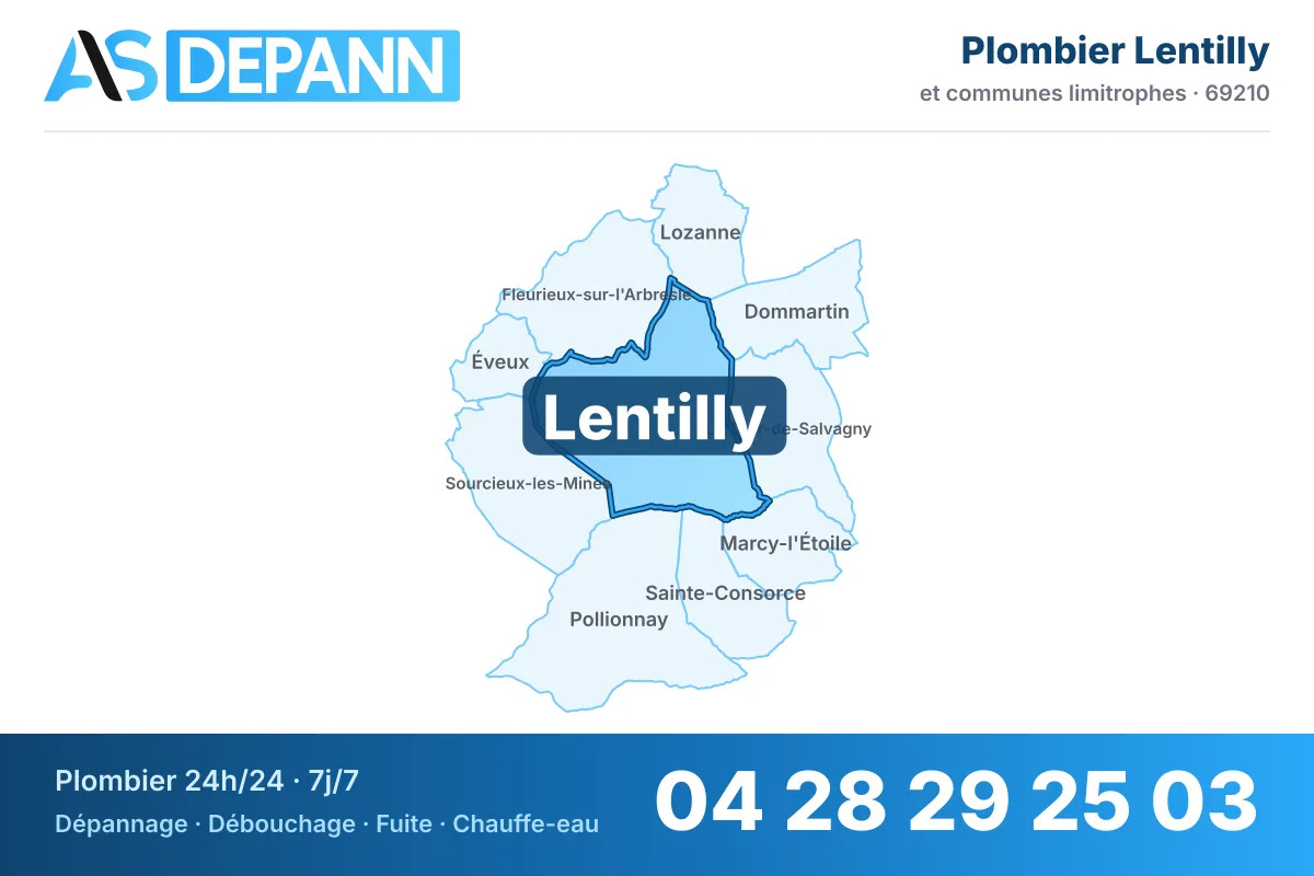 Plombier à Lentilly : carte de la commune (69210) et de ses voisines dans le secteur d'intervention de AS Depann