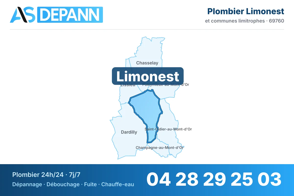 Plombier à Limonest : carte de la commune (69760) et de ses voisines dans le secteur d'intervention de AS Depann