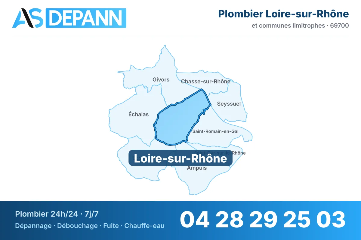 Plombier à Loire-sur-Rhône : carte de la commune (69700) et de ses voisines dans le secteur d'intervention de AS Depann