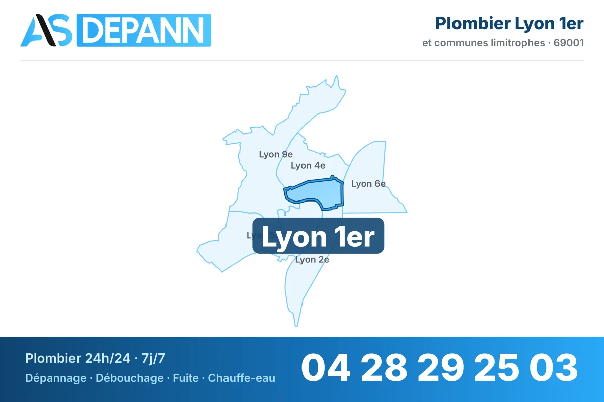 Plombier à Lyon 1er : carte de la commune (69001) et de ses voisines dans le secteur d'intervention de AS Depann