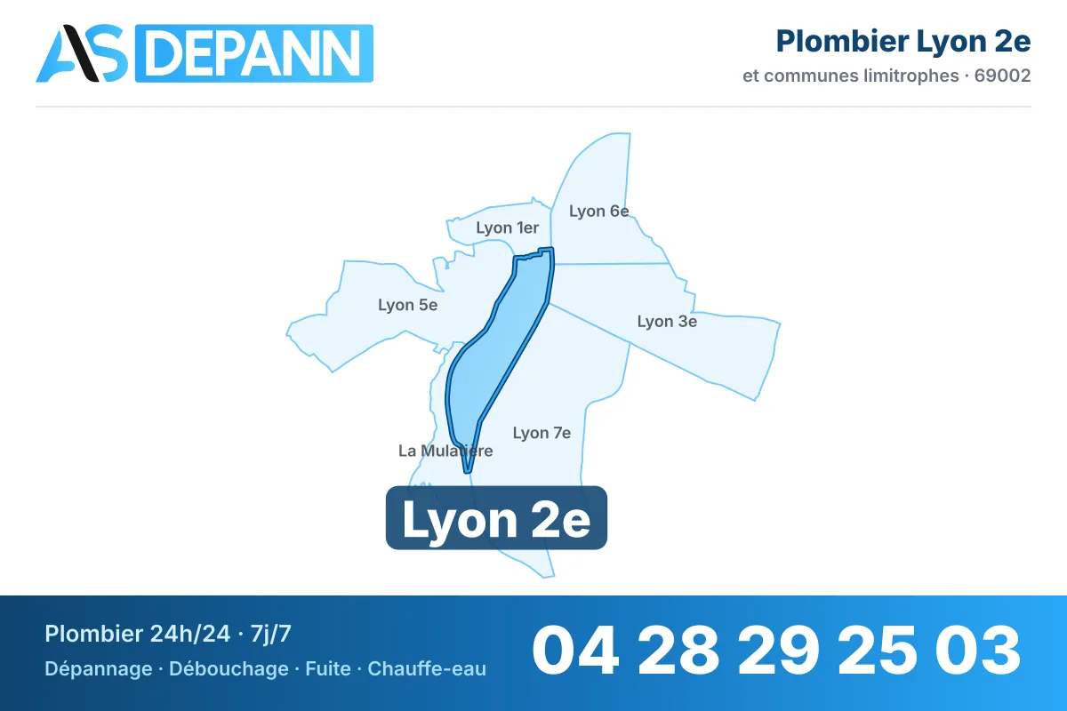 Plombier à Lyon 2e : carte de la commune (69002) et de ses voisines dans le secteur d'intervention de AS Depann