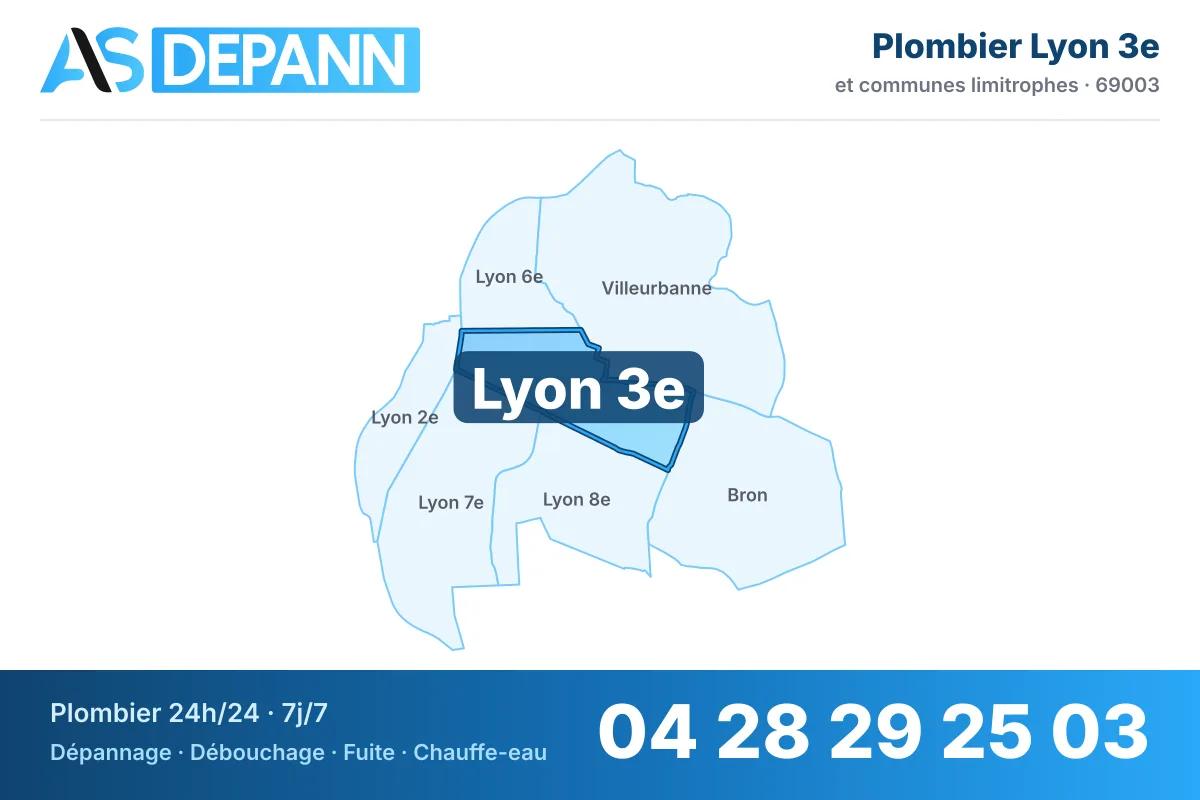 Plombier à Lyon 3e : carte de la commune (69003) et de ses voisines dans le secteur d'intervention de AS Depann