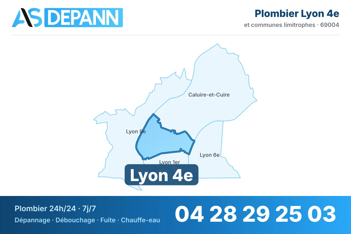 Plombier à Lyon 4e : carte de la commune (69004) et de ses voisines dans le secteur d'intervention de AS Depann