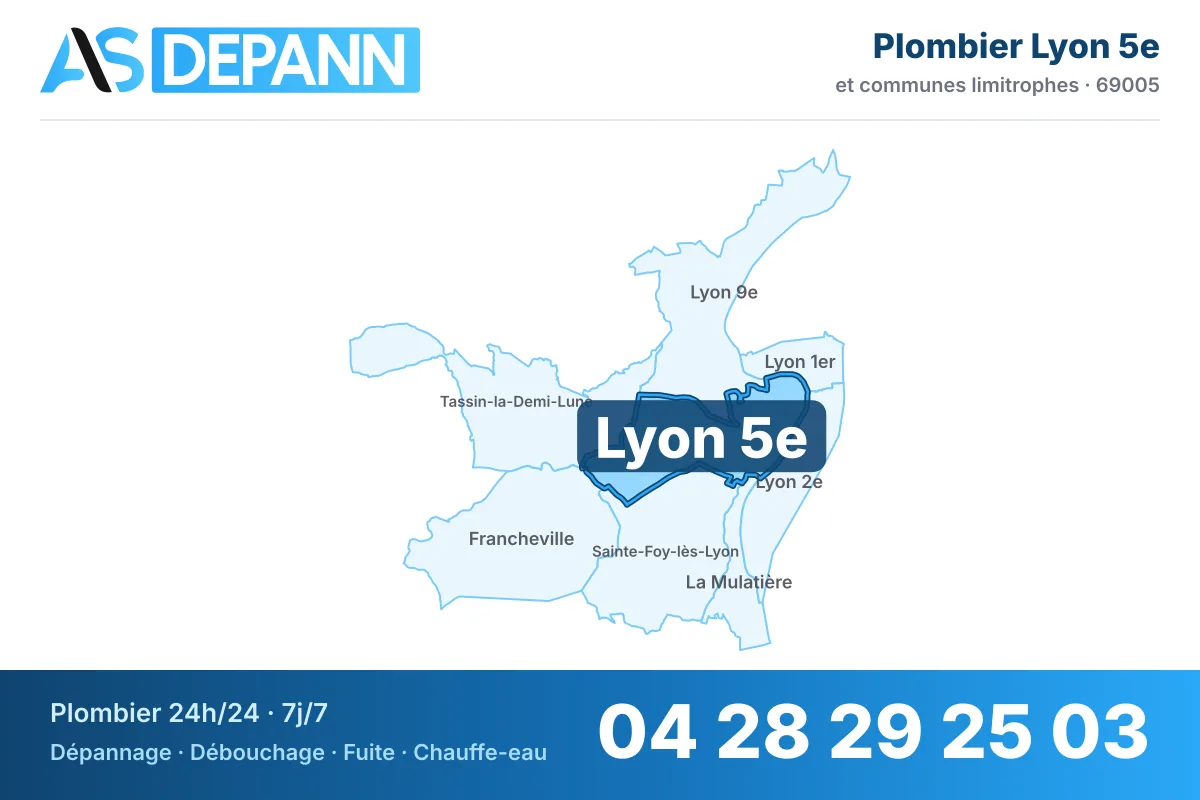 Plombier à Lyon 5e : carte de la commune (69005) et de ses voisines dans le secteur d'intervention de AS Depann