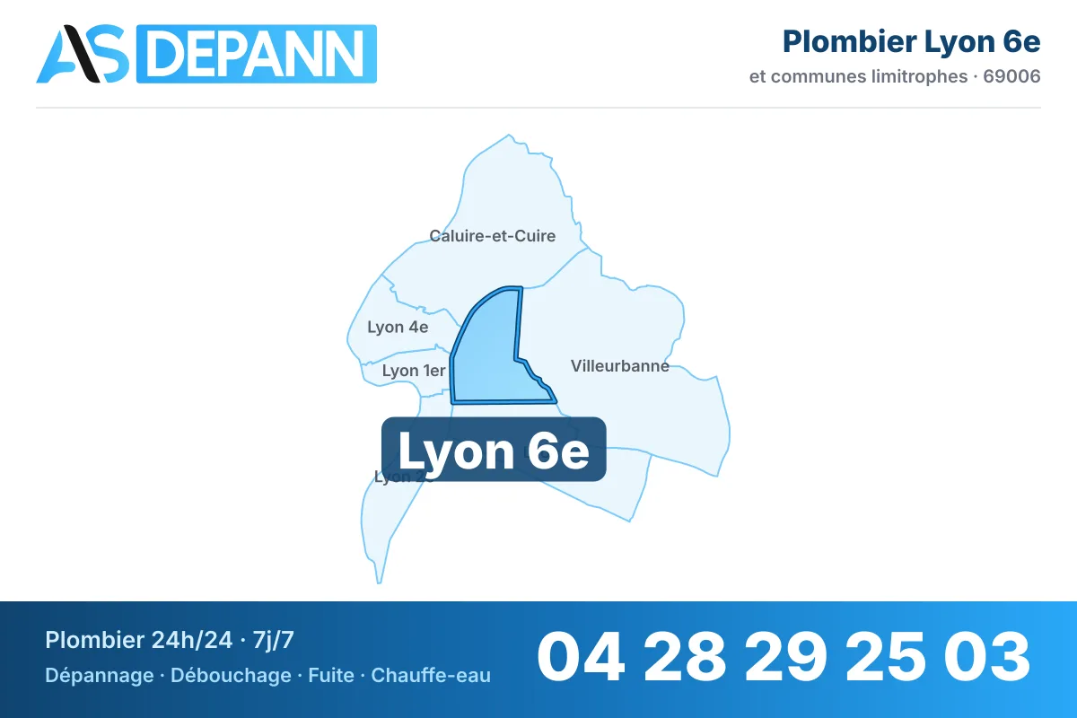 Plombier à Lyon 6e : carte de la commune (69006) et de ses voisines dans le secteur d'intervention de AS Depann