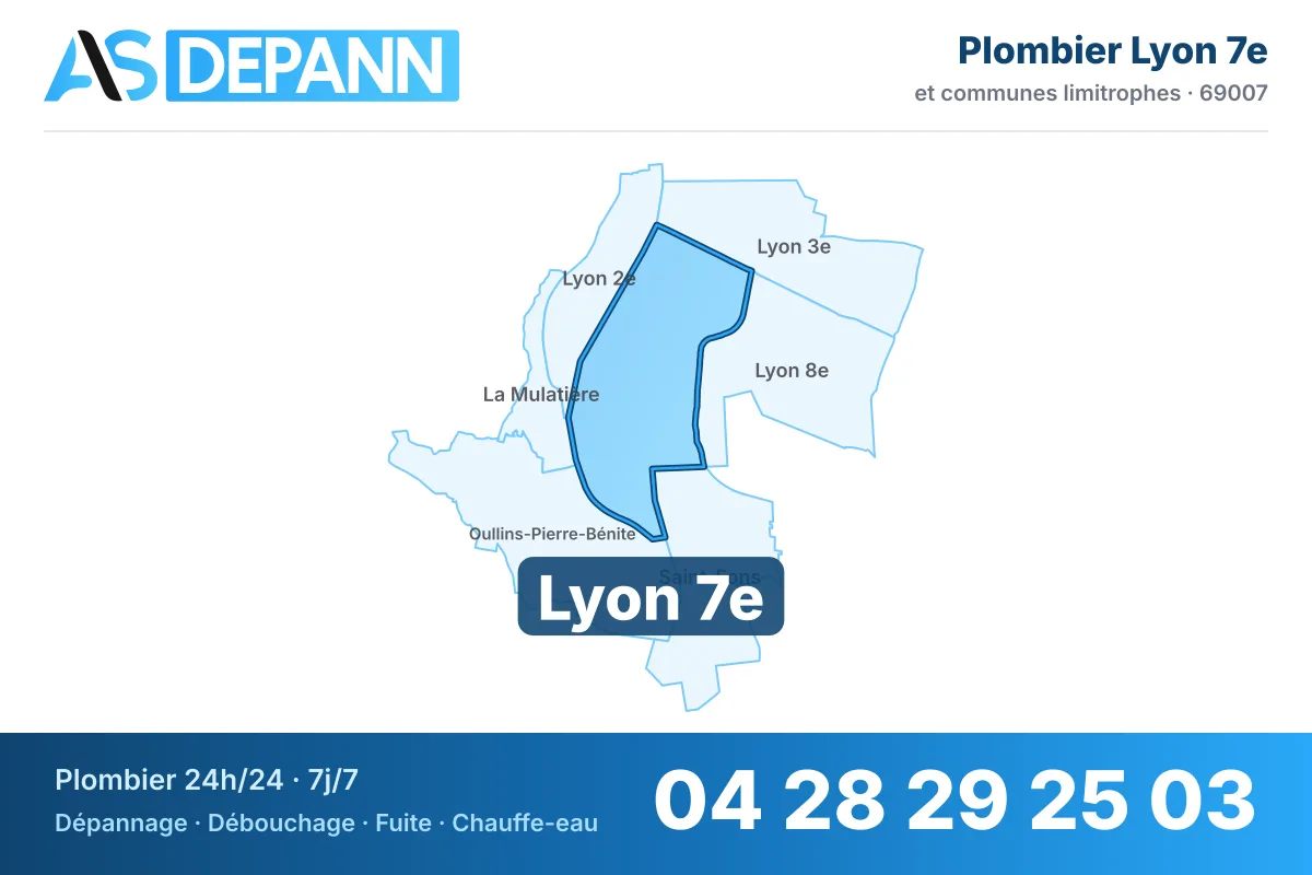 Plombier à Lyon 7e : carte de la commune (69007) et de ses voisines dans le secteur d'intervention de AS Depann