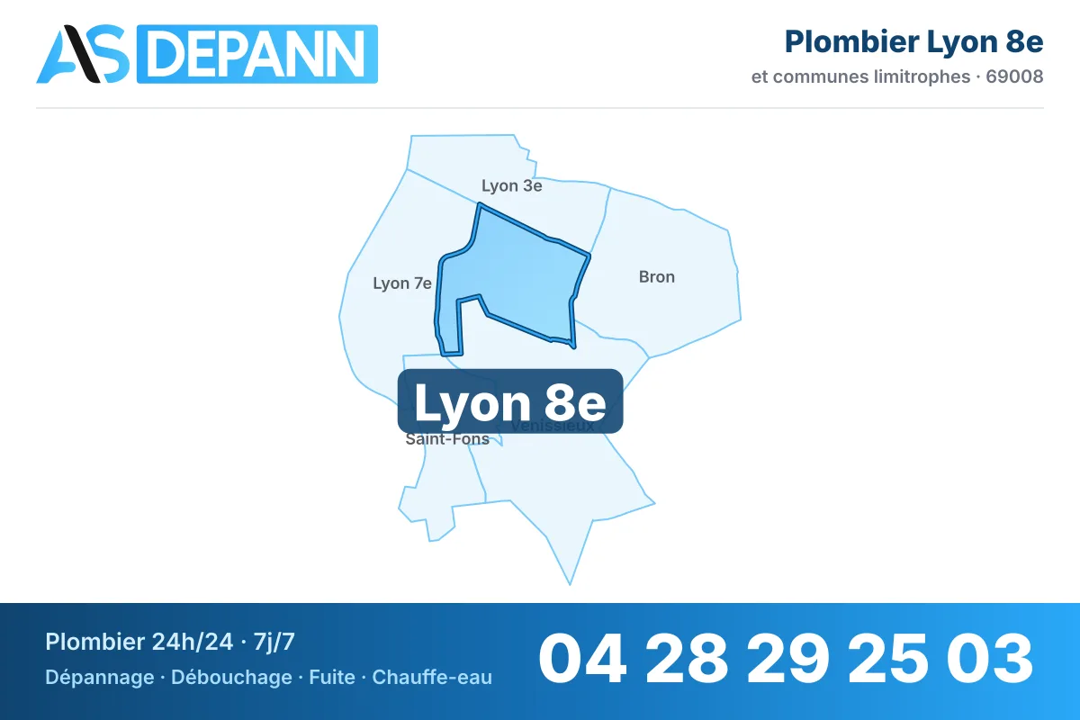 Plombier à Lyon 8e : carte de la commune (69008) et de ses voisines dans le secteur d'intervention de AS Depann