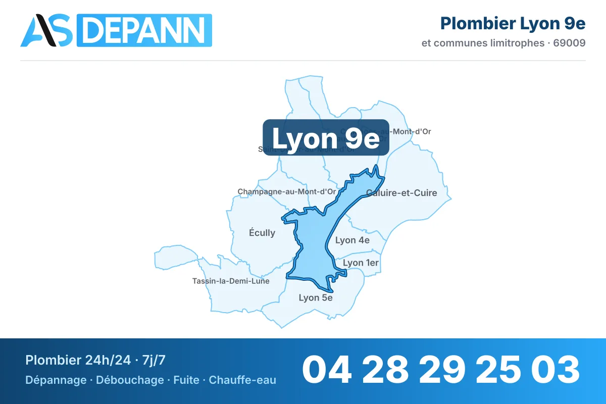Plombier à Lyon 9e : carte de la commune (69009) et de ses voisines dans le secteur d'intervention de AS Depann