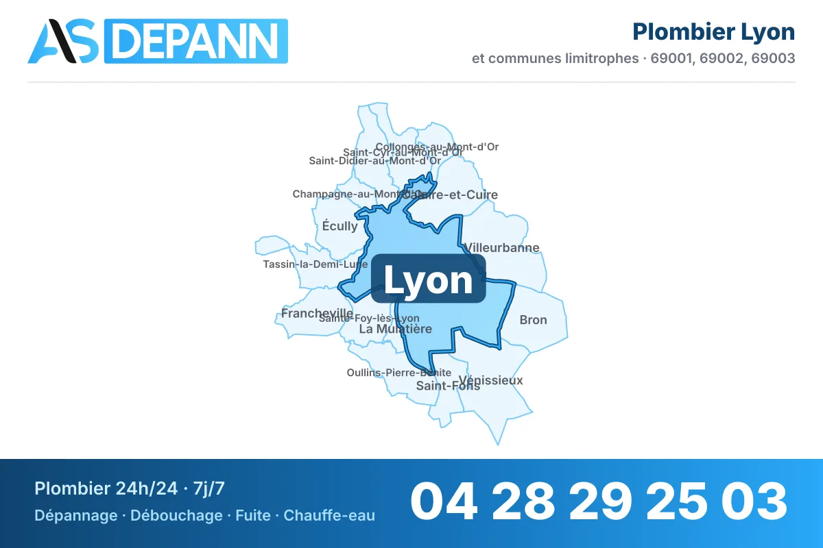 Plombier à Lyon : carte de la commune (69001) et de ses voisines dans le secteur d'intervention de AS Depann