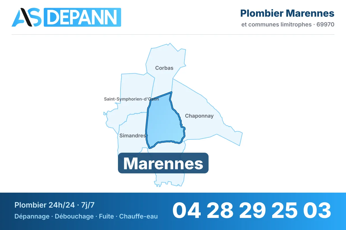 Plombier à Marennes : carte de la commune (69970) et de ses voisines dans le secteur d'intervention de AS Depann