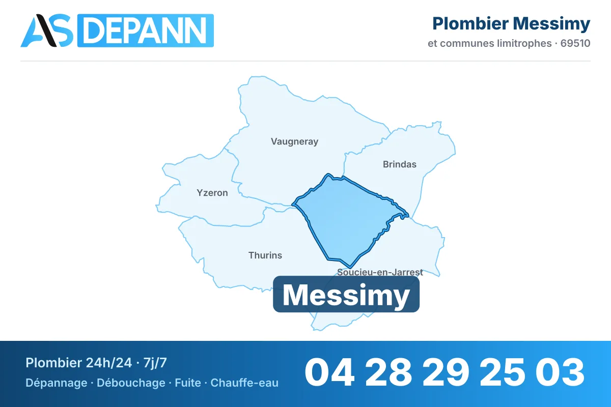 Plombier à Messimy : carte de la commune (69510) et de ses voisines dans le secteur d'intervention de AS Depann