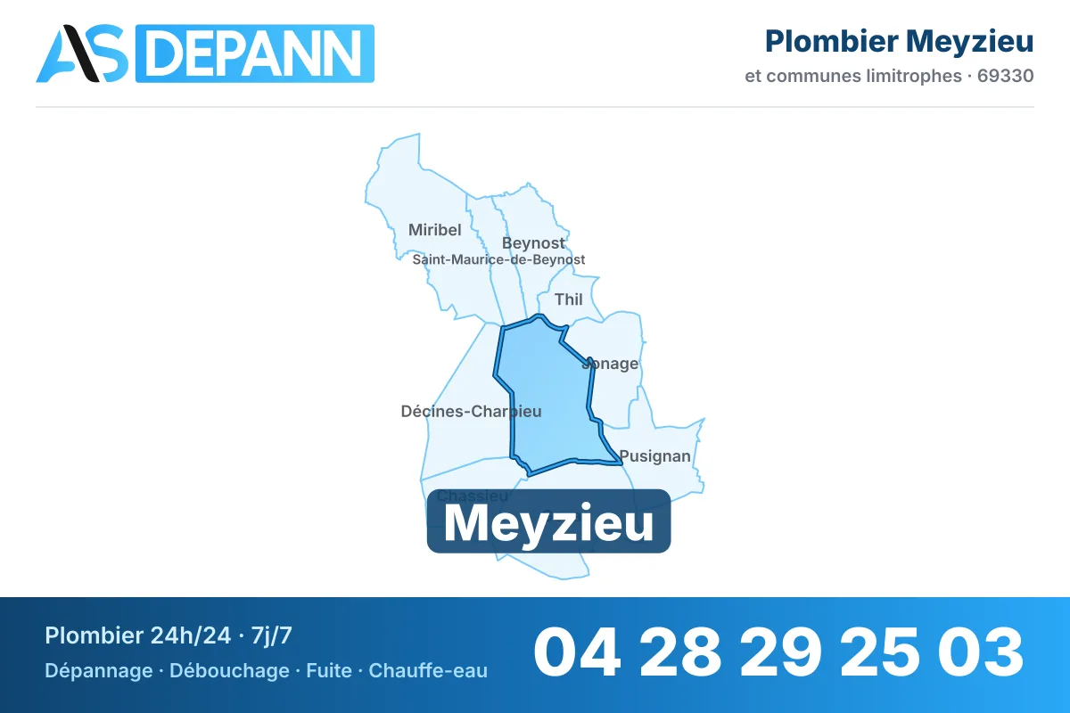 Plombier à Meyzieu : carte de la commune (69330) et de ses voisines dans le secteur d'intervention de AS Depann