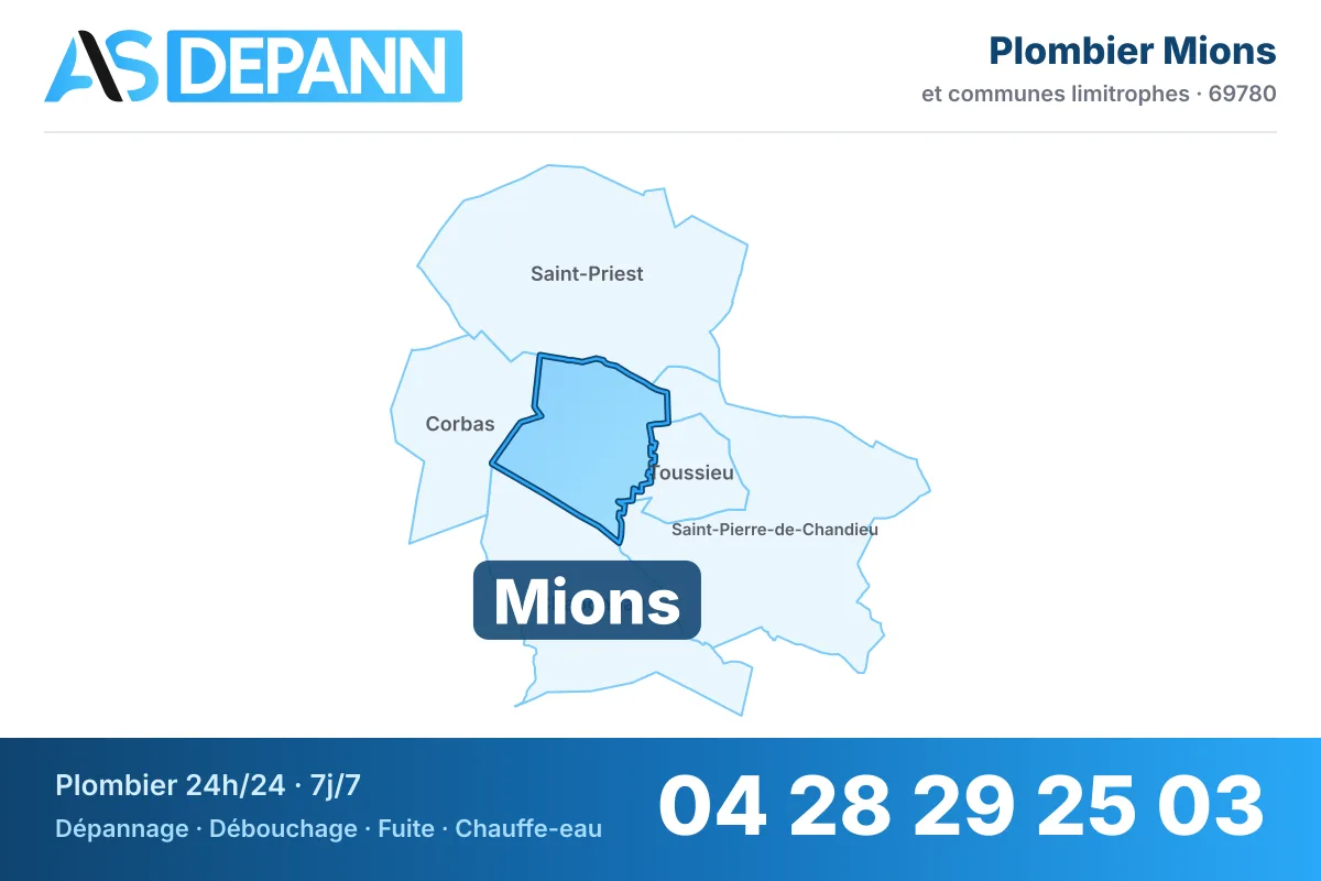 Plombier à Mions : carte de la commune (69780) et de ses voisines dans le secteur d'intervention de AS Depann