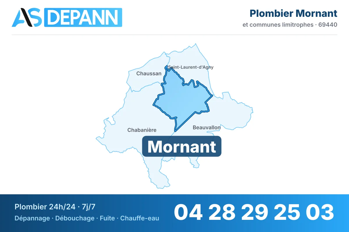 Plombier à Mornant : carte de la commune (69440) et de ses voisines dans le secteur d'intervention de AS Depann