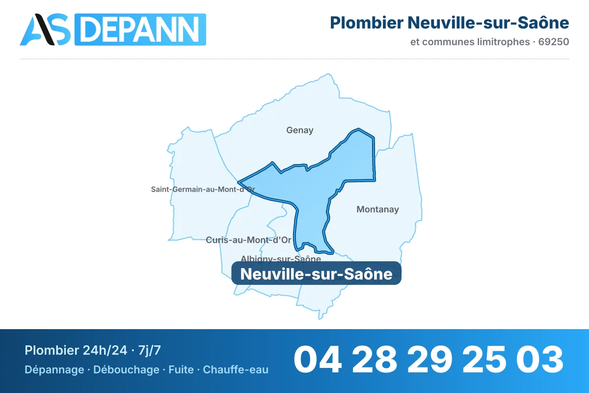 Plombier à Neuville-sur-Saône : carte de la commune (69250) et de ses voisines dans le secteur d'intervention de AS Depann