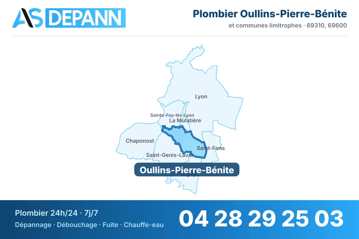 Plombier à Oullins : carte de la commune (69310) et de ses voisines dans le secteur d'intervention de AS Depann