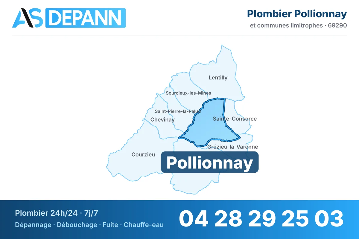 Plombier à Pollionnay : carte de la commune (69290) et de ses voisines dans le secteur d'intervention de AS Depann