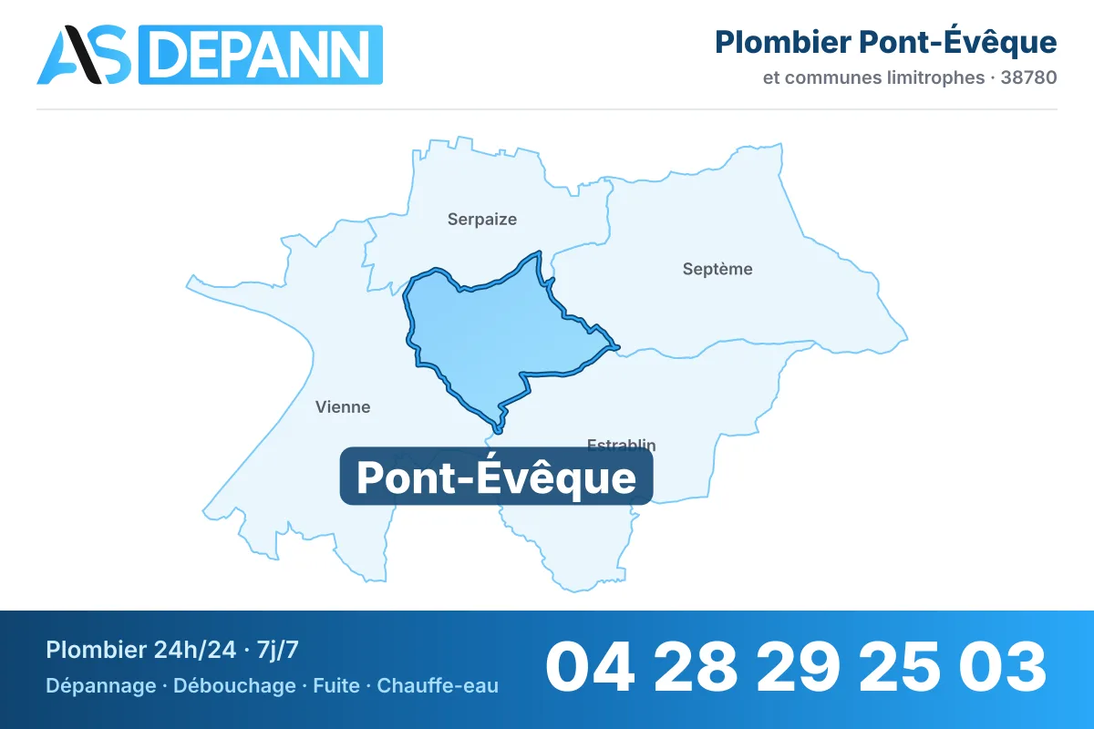 Plombier à Pont-Évêque : carte de la commune (38780) et de ses voisines dans le secteur d'intervention de AS Depann